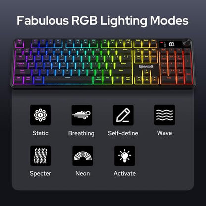 Redragon K526 PRO RGB Wireless Membrane Gaming Keyboard, 104 Keys Mechanical-Feel Keyboard w/LED Info Display, Media/Backlit Knob Control, Smooth Linear Switch & Software Supported - color: Black