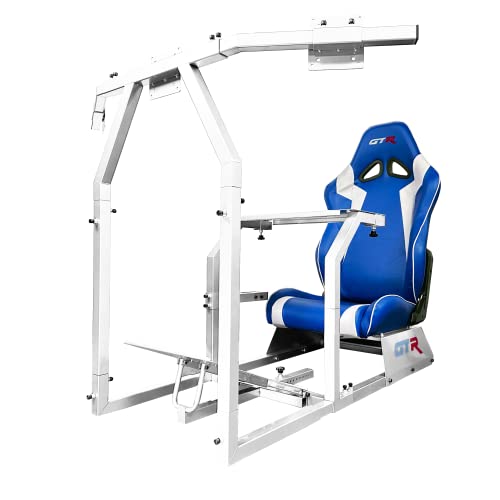 GTR Simulator GTA-F Racing Cockpit | Silver Frame with Triple/Single Monitor Stand | Adjustable Leatherette Seat | Stable & Adjustable | Compatible with All Steering Wheels & Pedals for PC & Console - color: White, Blue White