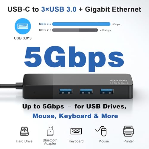 ALL-LUCKY USB to Ethernet Adapter, 4 in 1 USB C to Ethernet Adapter Hub with 3×USB 3.0 Ports, 1000Mbps Network HUB for MacBook, Dell XPS, Surface, HP Laptops (for USB-C Phones & iPad) - size: 0.9FT -USB C to Ethernet Adapte