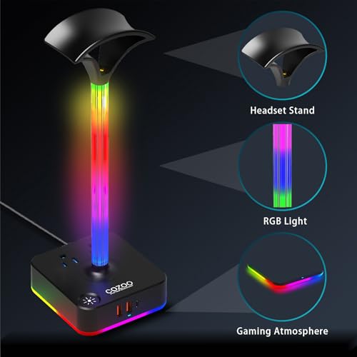 cozoo RGB Headphone Stand with Charger 3 USB Ports and 2 AC Outlets,2 USB-A 1 Type C,Desk Gaming Headset Holder with 9 Light Modes,PC Gaming Desk Accessories,Gamer Gifts,RGB Gaming Stuff Headset Stand | 9 Light Modes:7 Static & 3 RGB Dynamic Lights; 2 AC,