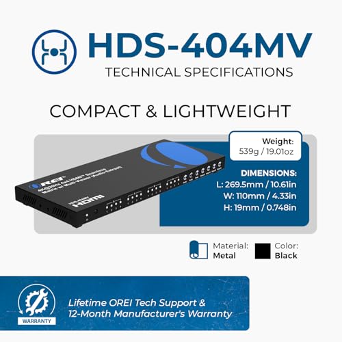 OREI 4x4 HDMI Matrix Switch 4K@30Hz Audio Extract RS-232 PIP EDID OSD 3.5mm | 4x4 Video Wall Controller – 10.2Gbps, Built-in Scaler, Seamless Switching, Optical & 3.5mm Audio Out, LPCM/AC3/DTS