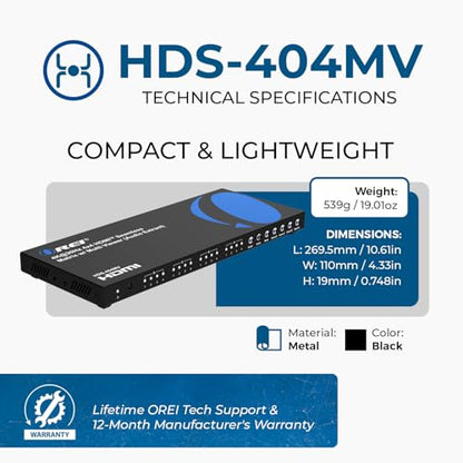 OREI 4x4 HDMI Matrix Switch 4K@30Hz Audio Extract RS-232 PIP EDID OSD 3.5mm | 4x4 Video Wall Controller – 10.2Gbps, Built-in Scaler, Seamless Switching, Optical & 3.5mm Audio Out, LPCM/AC3/DTS