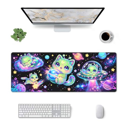 Alien Cat Gaming Mouse Pad Extended Large Mouse Mat 31.5 X 11.8 Inch Nonslip Rubber Base Long Desk Pad Stitched Edges Mousepad Mice Pad for Office Home Game - color: Alien Cat