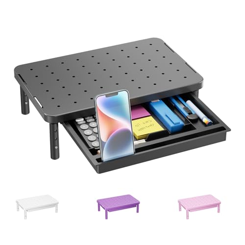 WALI Computer Monitor Stand with Storage, Monitor Riser 3 Height Adjustable | Laptop Riser with Airflow Vents, Desk Organizer for Computer, Printer, Notebook (PTT002-B), 1 Pack, Black - color: Black, size: 14.6"L * 9.3"W,11" 1 Drawer
