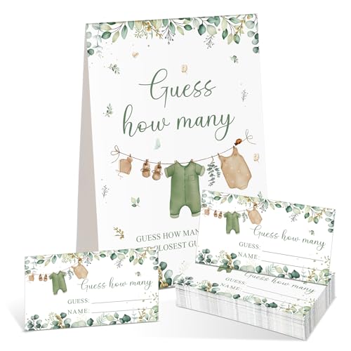 Woodland Guess How Many Baby Shower Game Pack of 1 Tabletop Sign with Stand and 50 How Many Cards, Green Clothes Gender Reveal Party Game Decoration - style: Woodland
