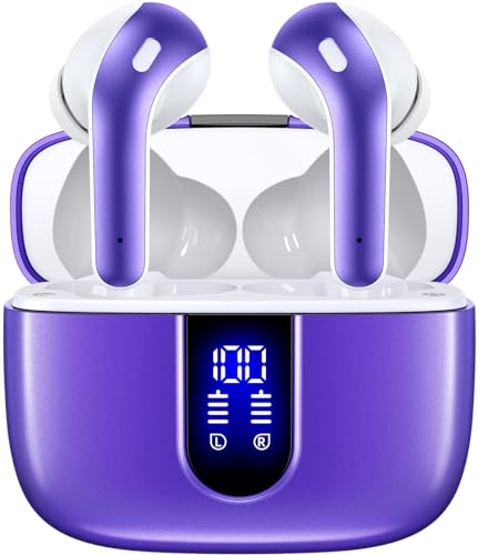 TAGRY Bluetooth Headphones True Wireless Earbuds 60H Playback LED Power Display Earphones with Wireless Charging Case IPX5 Waterproof in-Ear Ear buds with Mic for TV Smart Phone Laptop Computer Sports - color: Phantom Purple, style: Standard