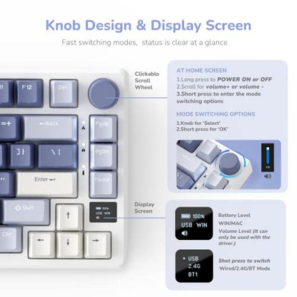 RK ROYAL KLUDGE M75 Mechanical Keyboard with OLED Smart Display and Volume Knob, 2.4G/USB-C/BT Gasket Mounted 75% Layout Wireless Gaming Keyboard with 81 Keys, RGB Backlit Hot-Swap Fast Silver Switch