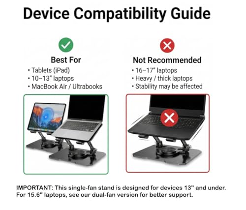 Black Cooling Stand for iPad & Small Laptops up to 13" – Turbo Fan, Adjustable Height & 360° Rotation | NOT for 15.6"–17" or Gaming Laptops | MacBook Air, Surface Pro, iPad Pro