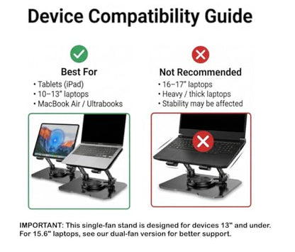 Black Cooling Stand for iPad & Small Laptops up to 13" – Turbo Fan, Adjustable Height & 360° Rotation | NOT for 15.6"–17" or Gaming Laptops | MacBook Air, Surface Pro, iPad Pro