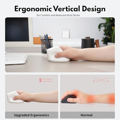 Uineer Vertical Ergonomic Mouse, Wireless Bluetooth Mouse, 3-Device,Quiet | Switch among 3 devices; side scroll wheel supports horizontal navigation for documents and spreadsheets. - color: White