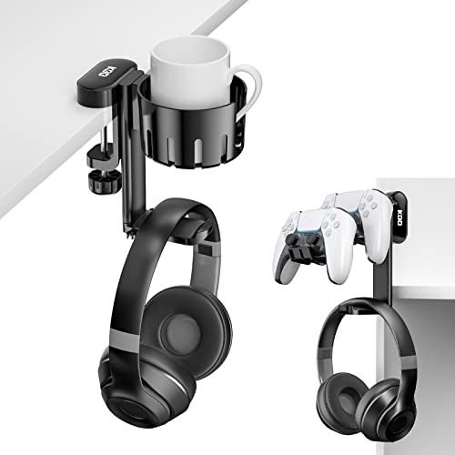KDD Rotatable Headphone Hanger - Under Desk Clamp Controller Stand Replaceable Cup Holder - Compatible with Universal Headset, Controller, Cup(Black)