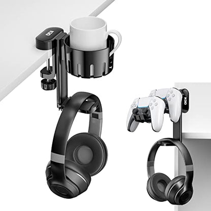 KDD Rotatable Headphone Hanger - Under Desk Clamp Controller Stand Replaceable Cup Holder - Compatible with Universal Headset, Controller, Cup(Black)