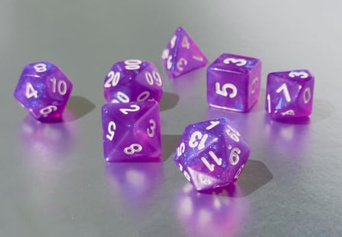 퍼플 DND 주사위 7개 세트 (스팽글 퍼플) | TTRPG, 던전 앤 드래곤, 롤 플레잉 게임 및 기타 테이블 게임을 위한 아크릴 다면체 주사위 세트 - D20 시스템 주사위 - color: 스팽글 퍼플