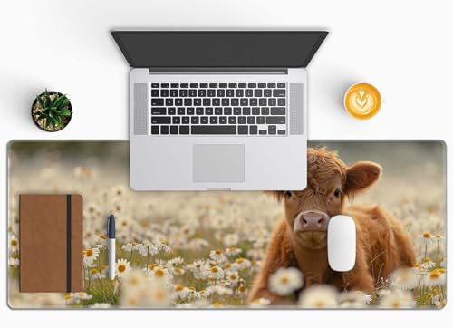 Gaming Mouse Pad Large,Cute Highland Cow on Daisy Mouse Pad Gaming Mouse Mat Desk Pad,31.5 x 11.8 Desk Mat Mouse Pads for Desk,Extended Keyboard Mousepad with Non-Slip Base and Stitched Edge - color: Cute Highland Cow on Daisy