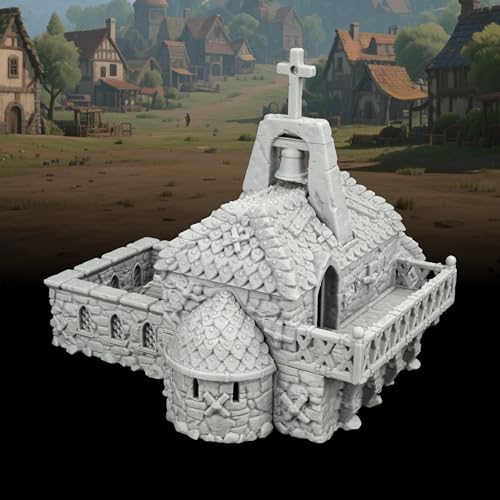 AUSPDICE RPG Accessory, 25mm Medieval Village Church Tabletop RPG Terrain | 1:64 Unpainted Fantasy Chapel with Bell Tower, DND Terrain Building for Dungeons and Dragons, TTRPG Wargame Scenery-AF1124G - color: Af1124g Medieval Village G