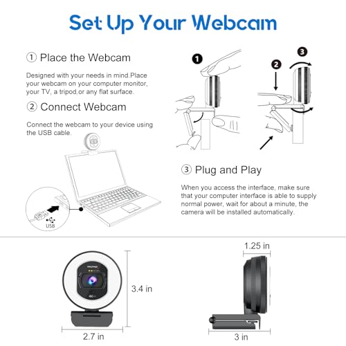 4K Webcam with Ring Light & Built-in Microphone for PC Streaming | PDAF Autofocus,Supports 1080P 60FPS, Comes with Privacy Cover, Compatible with Zoom, Skype, Google Meet, Laptop Desktop Mac