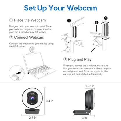 4K Webcam with Ring Light & Built-in Microphone for PC Streaming | PDAF Autofocus,Supports 1080P 60FPS, Comes with Privacy Cover, Compatible with Zoom, Skype, Google Meet, Laptop Desktop Mac