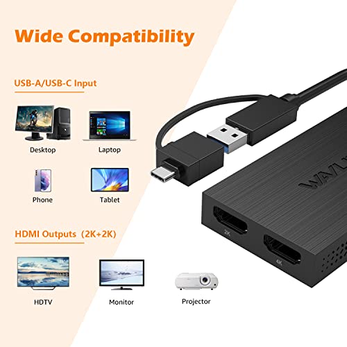 WAVLINK USB 3.0 or USB C to HDMI Adapter for Dual Monitors | 4K @30Hz 1080p@60Hz, USB Dual HDMI Adapter up to 6 Monitor Displays, External Video Card Adapter for Windows, Mac OS