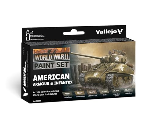 Vallejo - WWII American Armour & Infantry Model Color Paint Set | Historic US Military Shades | Brush & Airbrush Compatible Acrylic Colors | Pro Modeler Collection | 6 bottles x 18 ml. (0.6 fl.oz) - style: WWII American Armour & Infantry