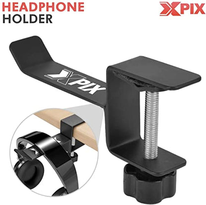 Metal Headphone Headset Holder Hanger with Under Desk Design Mount Clamp Clip Grip - Hooks onto Surface Without Glue Or Mess - Fits Headphones