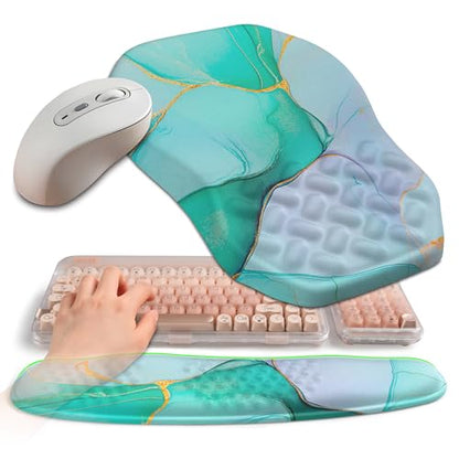 2-in-1 Ergonomic Set, Wave Keyboard Wrist Rest and Massage Slope Mouse Pad Wrist Support, Rebound Memory Foam for Relieve Carpal Tunnel Syndrome and Wrist Pain (Green Gold Marble) - color: Green Gold Marble