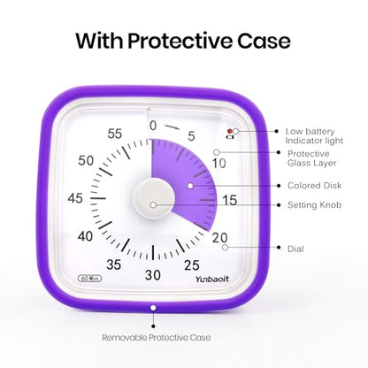 Visual Timer, Silent 60-min Countdown Timer for Kids, Purple | Protective Case, Time Management Tool, Mute and Ringing Alarm Available, Low Power Reminder, for Study,Game,Work,Fitness etc - color: Purple