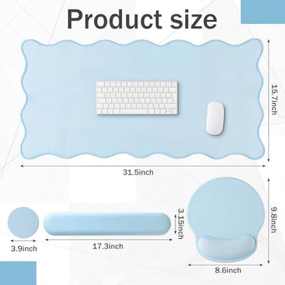 Sabary Scalloped Desk Mat Keyboard Mouse Pad Set 31.5 x 15.7 Inch Blue Table Mat Keyboard Wrist Rest Cute Preppy Mouse Pad with Wrist Rest Coaster Ergonomic Non-Slip Waterproof Gaming Desk School - color: Blue, size: 31.5 x 15.7 Inch
