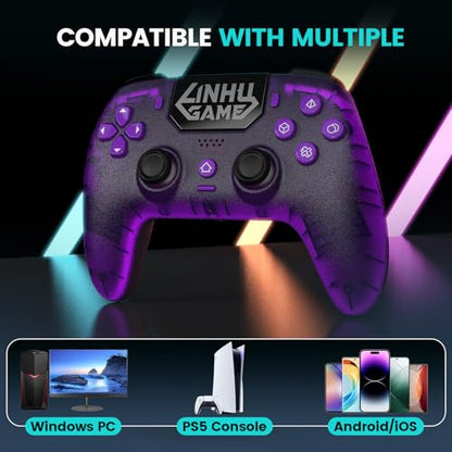 Linhugame Wireless Controller for PS5/Pro/Slim/PC, with Transparent Shell/RGB Tape Light/Hall Effect Joyticks and Trigger/Macro/Turbo/3.5mm Audio Jack/Speaker and Mic/1500 mAh Large Battery Gamepad（purple）
