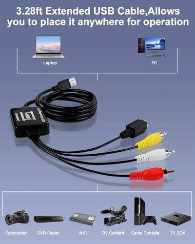 Oassuose VHS to Digital Converter,USB-A/USB-C Video 1080P Capture Card | RCA/AV to USB2.0 Audio Video Transfer Grabber,Convert Analog VHS VCR Hi8 Mini DV to Digital Converter,for PC DVD Tape Camera