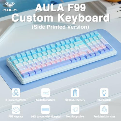 AULA F99 Wireless Mechanical Keyboard,Triple-Mode(BT5.0/2.4GHz/USB-C),Gasket Mounted Creamy Keyboard with Linear Switches, Side Printed PBT Keycaps,RGB Backlit PC Gaming Keyboards for Win/Mac - color: Blue Purple