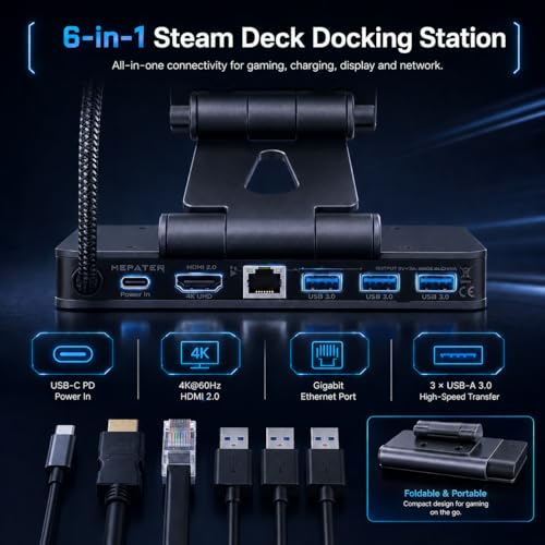 Docking Station Steam Deck Dock: Adjustable Stand 6-in-1 Hub Stream Deck Accessories with HDMI 2.0 4K@60Hz TV/1Gb Ethernet/3*USB-A 3.0/PD 3.0 Fast Charging for Steam, iPad,Other Smart Phones Black