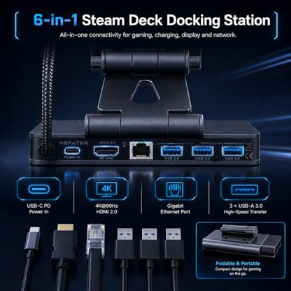 Docking Station Steam Deck Dock: Adjustable Stand 6-in-1 Hub Stream Deck Accessories with HDMI 2.0 4K@60Hz TV/1Gb Ethernet/3*USB-A 3.0/PD 3.0 Fast Charging for Steam, iPad,Other Smart Phones Black