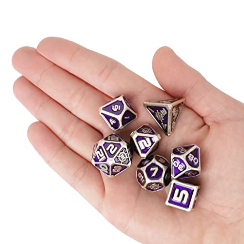 ENHANCE DND Metal Dice Set - 7pc Polyhedral Dice with 2-in-1 Vegan Leather Bag and Tray, Solid Metal Set for Dungeons and Dragons, Pathfinder, More RPGs (Collector's Edition Purple) - color: Dragon Purple