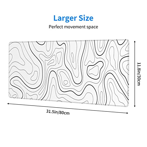White Extended Gaming Mouse Pad - 31.5 x 11.8 Inch Black and White Topographic Mouse Pad with Anti-Slip Rubber Base for Home Office - color: White Topographic