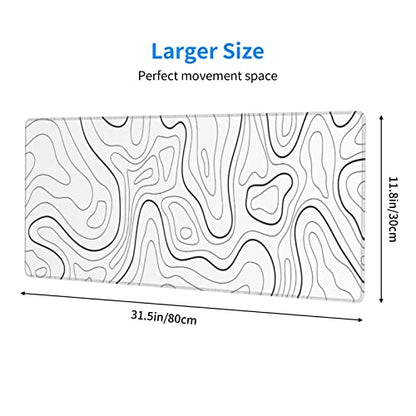White Extended Gaming Mouse Pad - 31.5 x 11.8 Inch Black and White Topographic Mouse Pad with Anti-Slip Rubber Base for Home Office - color: White Topographic