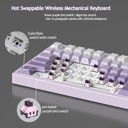 MageGee LIGHT75 Wireless Creamy Keyboard, Tri-Mode Bluetooth/2.4GHz/USB-C RGB Backlit, Gasket Hot Swappable Custom Gaming Keyboard for Win/Mac/PC, with Knob, Side Printed PBT Keycaps, Purple - color: White Purple/Purple Bird Switch