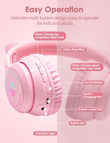 Cat Ear Bluetooth Headphones with Micphone for Kids & Adults, LED Light Up Wireless HI-FI Sound Quality, Over-Ear Headphones with Volume Control for iPhone/iPad/Laptop/PC(55H Play Time) - style: Adults-105dB-Pink
