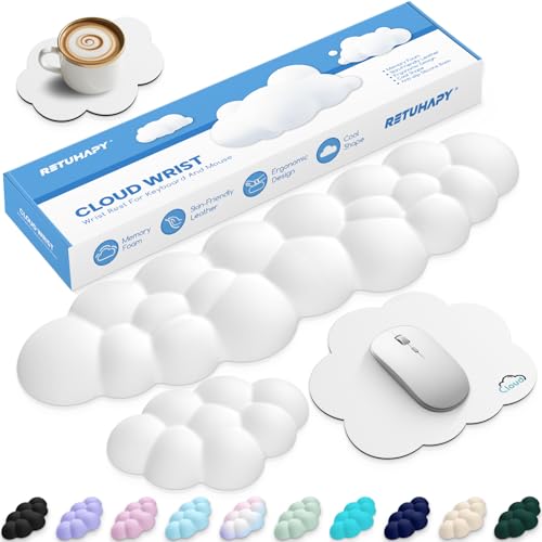 Cloud Wrist Rest Keyboard Cushion and Cloud Mouse Pad, White | 4-in-1 Ergonomic Cloud Keyboard Wrist Rest Set, Memory Foam, Arm Support for Palm, Cute Desk Accessory for PC Gaming Setup - color: 01 White, size: Tenkeyless