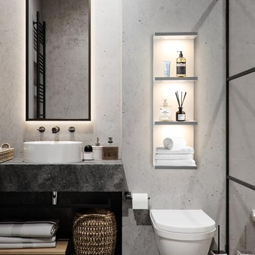 4 Tier LED Wall Shelf, White | Modern Floating Shelves for Makeup Vanity,Bedroom,Living Room,Eay Install Cosmetic Display Lack shelf - color: 4l-white