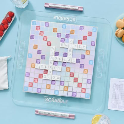 WS Game Company Scrabble Aura Edition, Iridescent Rotating Tempered Glass Board, Non-slip Metallic Wood Letter Tiles, Luxe Tile Racks & Organizer Tray, Family Word Board Games for 2-4 Players, Ages 8+