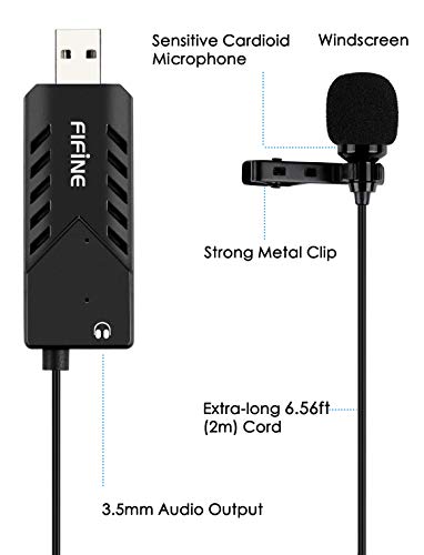 FIFINE USB Lavalier Lapel Microphone, Clip-on Cardioid Condenser Computer Mic Plug and Play USB Microphone with Sound Card for PC and Mac-K053
