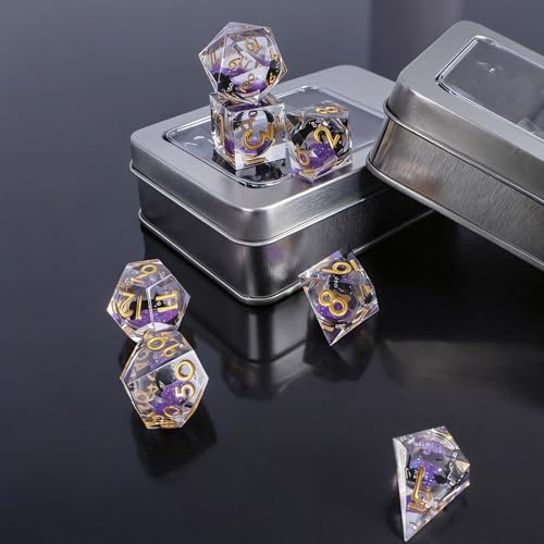 Liquid Core Dice,Cat DND Dice Set with Box,7Pcs Resin Dungeons Dragons D and D Dice, Sharp Edge Role Playing Game Dice D20 D12 D10 D8 D6 D4. (Purple) - color: Purple