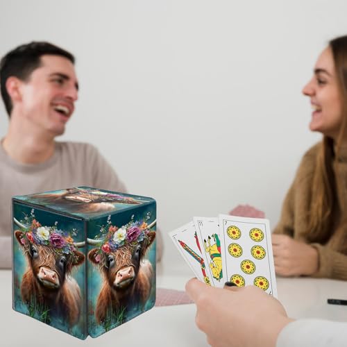 Card Deck Box for MTG Commander,Collectible Trading Storage Box Fits 120+ Single Sleeved Cards Magnetic Case PU Leather for Magic Commander TCG CCG MTG,Cute Highland Cow - color: Cute Highland Cow