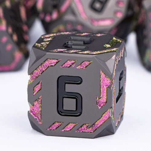 Metal DND Sci-fi Dice Set 7PCS Stripe Polyhedral Dice for Dungeons Dragons RPG Role Playing Game, Glitter D and D Dice with Gift Box D6 D8 D10 D12 D20 (Black&Purple Red) - color: Black - Red Purple