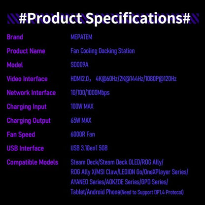 6-in-1 Gaming Docking Station, Built-in Cooling Fan & RGB Light, 4K@60Hz HDMI, Gigabit Ethernet, 100W PD Charging, Adjustable Stand, Portable Dock for Steam Deck, ROG Ally, Legion Go