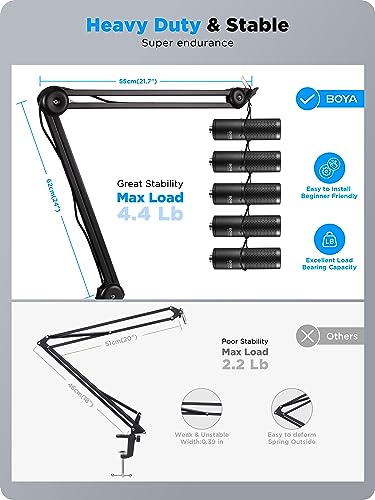 BOYA Microphone Boom Arm,Large Mic Arm (46 inch) with Desk Mount & 5/8"to 3/8"Screw Adapter Heavy-Duty Microphone Arm Stand Adjustable &Foldable for Streaming/Podcast/Gaming(BY-BA20)