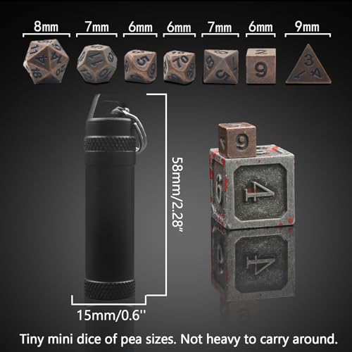 PJOY Mini Dice Set Portable Tiny Keychain DND Dice with D&D Dice Case 7PCS Antique Copper Small Metal Dice Set for Role Playing Dice Games Compatible with Dungeons and Dragons Gifts - color: Copper