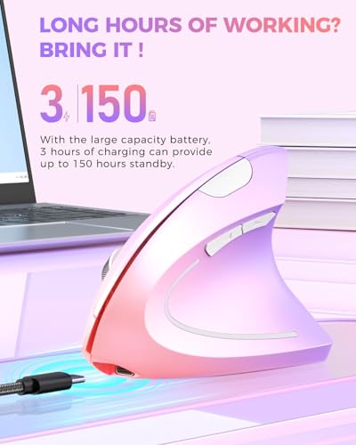 Lekvey Ergonomic Mouse, Vertical Wireless Mouse Rechargeable 2.4 GHz Optical Carpal Tunnel Mouse : 800/1200/1600 DPI, 6 Buttons, for Laptop, PC, Mac, Computer, Desktop, Notebook etc, Pink to Purple - color: Pink to Purple