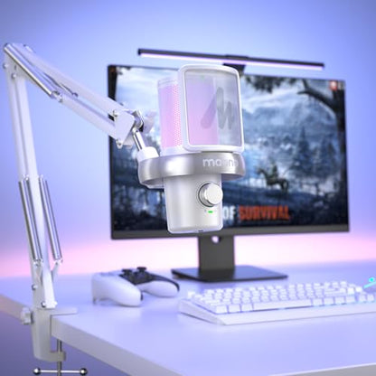MAONO BA20 Adjustable Mic Boom Arm, Metal Suspension Desk Stand | 1kg max load, 3/8 to 5/8 adapter, suspension design, podcast gaming streaming recording, desk clamp, white finish - color: White