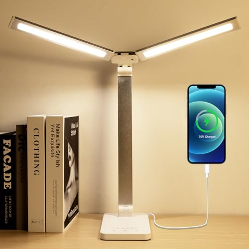 LAOPAO LED Desk Lamp, Dual Head Desk Light, 5 Levels Dimmable & 3 Color Modes Eye-Caring Table Light with USB Charging Port, Table Lamp for Reading, Studying, Home Office,White - color: White1